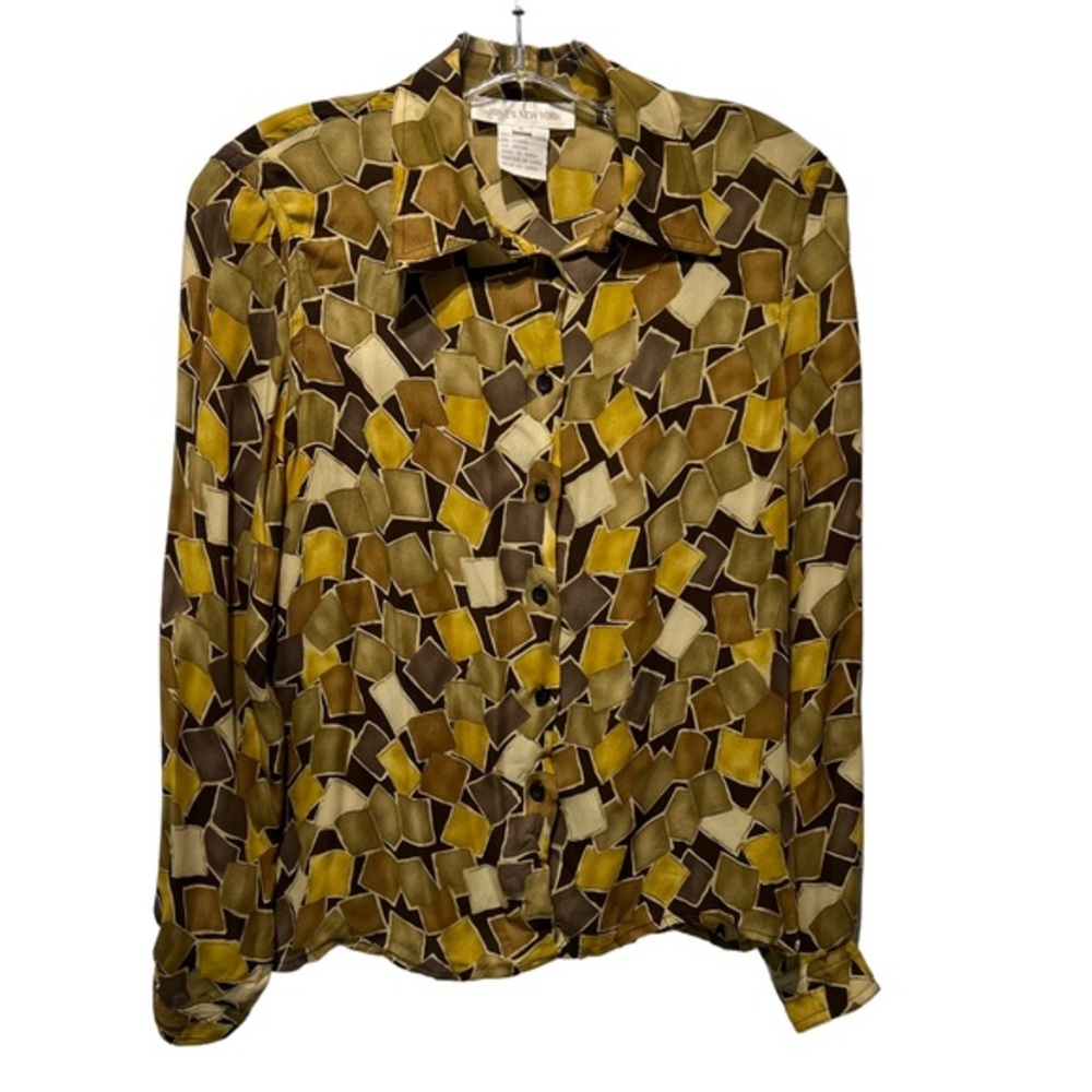 Jones NY Vintage retro 70s abstract mosaic or stone print 100% silk blouse shirt